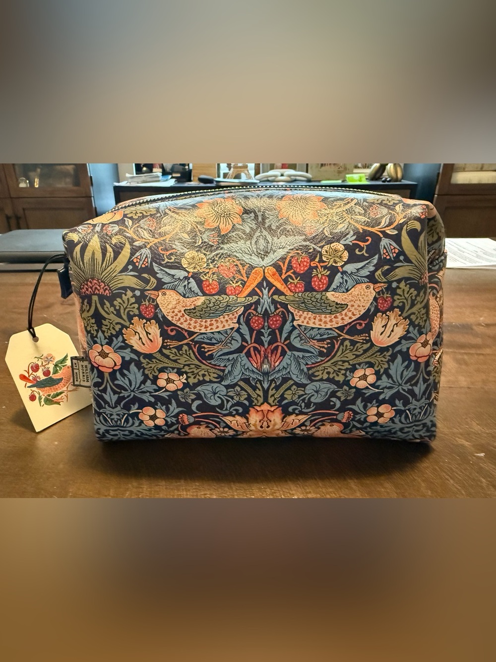 William Morris Inspired Blue Floral Cosmetic Bag with Birds